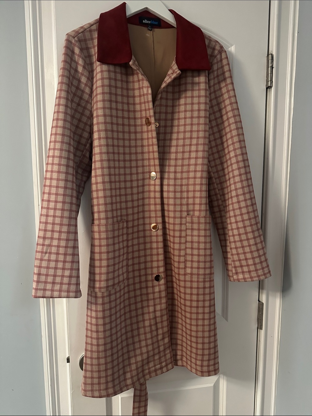 Alice Blue Pink Plaid Wool Blend Long Coat with Burgundy Collar